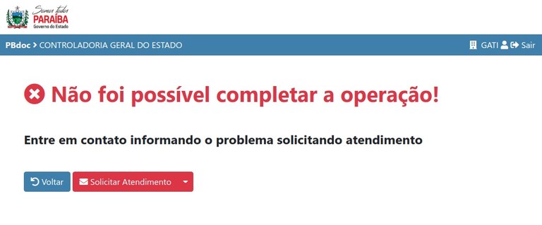 Não foi possível completar a operação